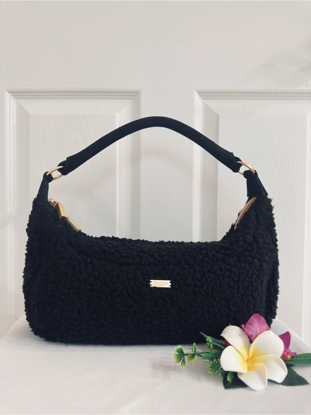 HAMMITT ~ Black Sherpa Shoulder Bag with Gold Hardware and Red Monogram Interior